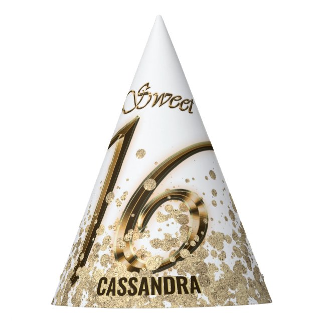 Sweet Sixteen Gold Faux Foil Glitter Party Hat (Front)