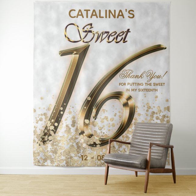 Sweet Sixteen Gold Faux Foil Glitter Tapestry (In Situ)