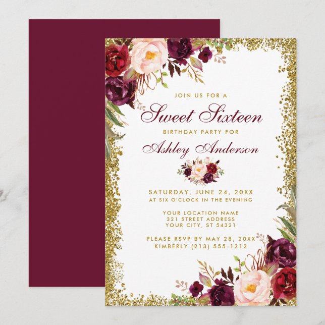 Sweet Sixteen Gold Glitter Burgundy Floral Invitation (Front/Back)