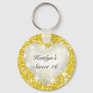 Sweet Sixteen, Gold Glitter, Heart, Party Favour Key Ring