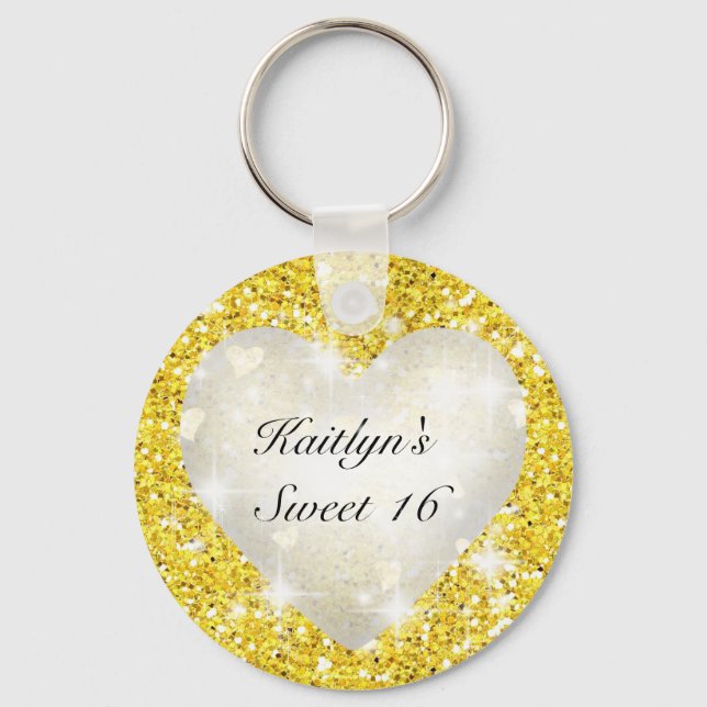 Sweet Sixteen, Gold Glitter, Heart, Party Favour Key Ring (Front)