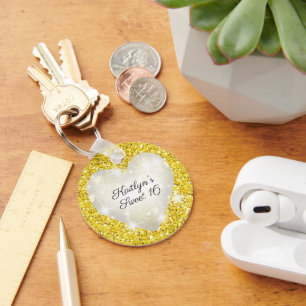 Sweet Sixteen, Gold Glitter, Heart, Party Favour Key Ring