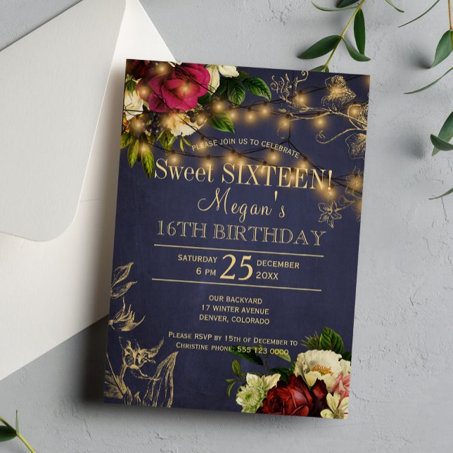 Sweet sixteen gold lights floral winter rustic invitation (Creator Uploaded)