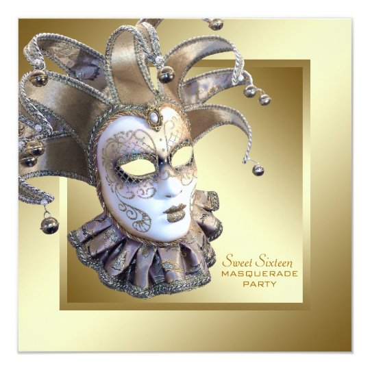 Sweet Sixteen Gold Masquerade Party Card
