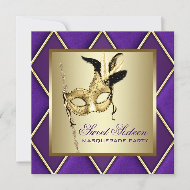 Sweet Sixteen Gold Purple Masquerade Party Invitation (Front)