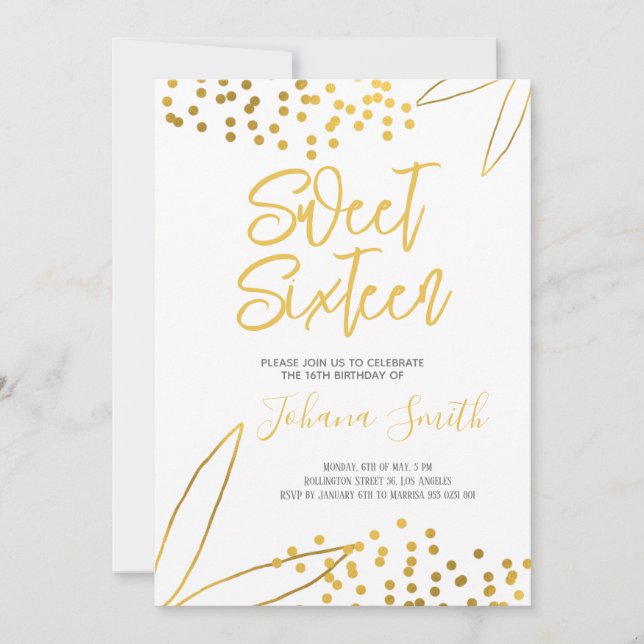 Sweet Sixteen Gold White 16th Birthday Invitation (Front)