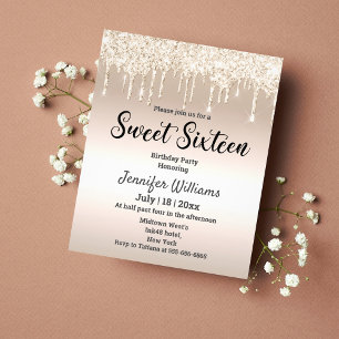 sweet sixteen golden dripping glitters invitation flyer