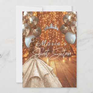 Sweet Sixteen Gown Gold Sparkle Balloons Crown Invitation