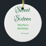 Sweet Sixteen green name date calligraphy boho ret Ceramic Tree Decoration<br><div class="desc">Design</div>