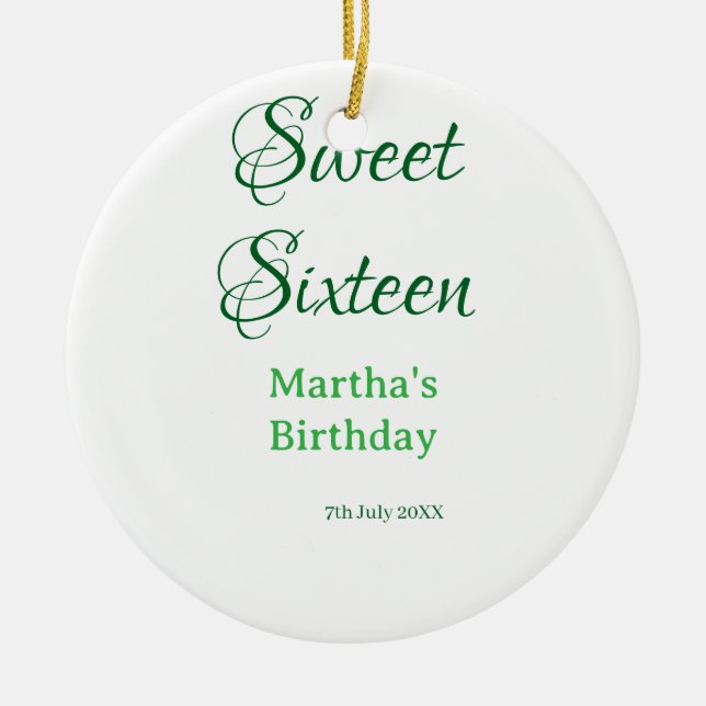 Sweet Sixteen green name date calligraphy boho ret Ceramic Tree Decoration (Front)