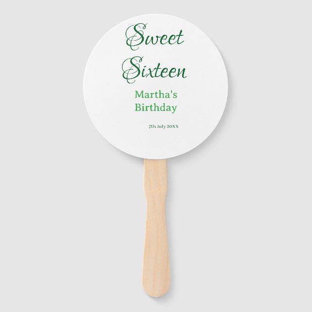Sweet Sixteen green name date calligraphy boho ret Hand Fan (Front)