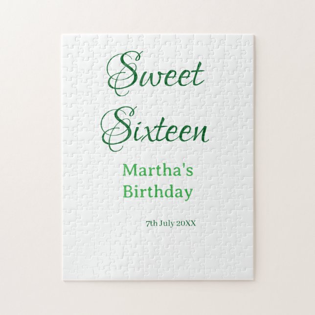 Sweet Sixteen green name date calligraphy boho ret Jigsaw Puzzle (Vertical)