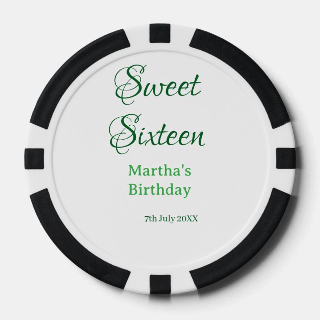 Sweet Sixteen green name date calligraphy boho ret Poker Chips (Front)