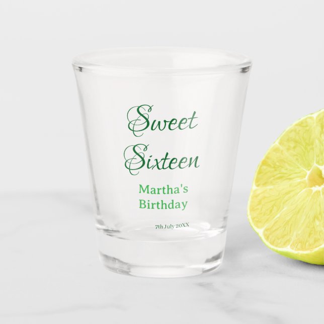 Sweet Sixteen green name date calligraphy boho ret Shot Glass (Front)