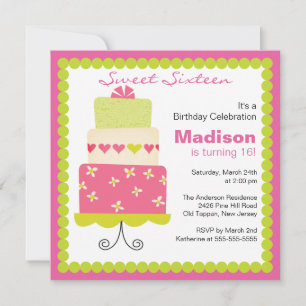 Sweet Sixteen Green & Pink Cake Birthday Invite