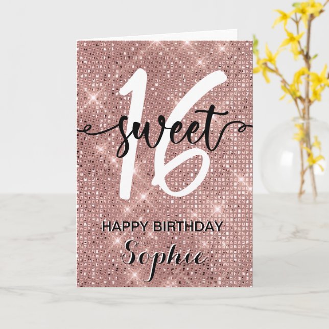 Sweet Sixteen Happy Birthday Rose Gold Chic Card (Yellow Flower)