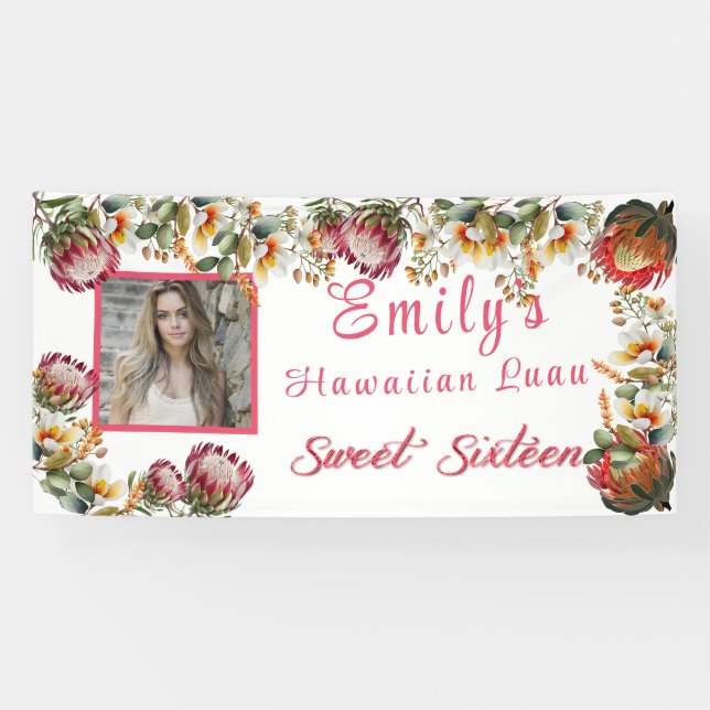 Sweet Sixteen Hawaiian Luau Tropical Flowers Banner (Horizontal)