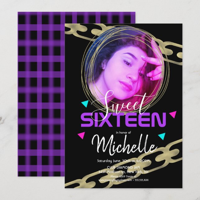 Sweet Sixteen Hip Hop Gold Ring Confetti Photo Invitation (Front/Back)