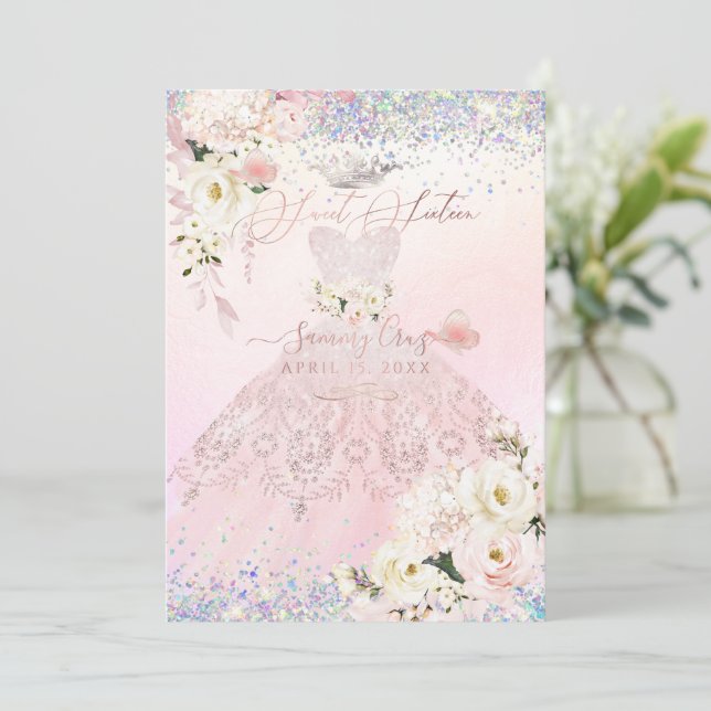 Sweet Sixteen Holographic Dream Blush Pink Dress   Invitation (Standing Front)