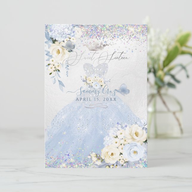 Sweet Sixteen Holographic Dusty Blue Silver Dress Invitation (Standing Front)