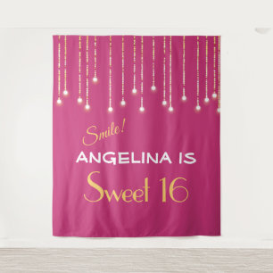 Sweet Sixteen Hot Pink Gold Photo Booth Backdrop Tapestry