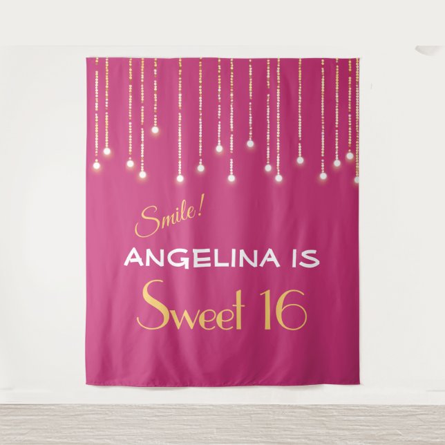 Sweet Sixteen Hot Pink Gold Photo Booth Backdrop Tapestry (Front)