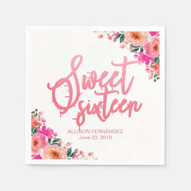 Sweet Sixteen Hot Pink Watercolor Floral Napkin (Front)