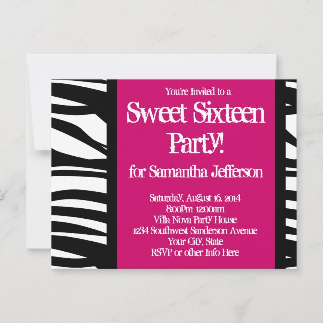 Sweet Sixteen, Hot Pink Zebra Invitation (Front)