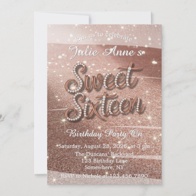 Sweet Sixteen In Rose Gold and Pearls Birthday Invitation (Front)