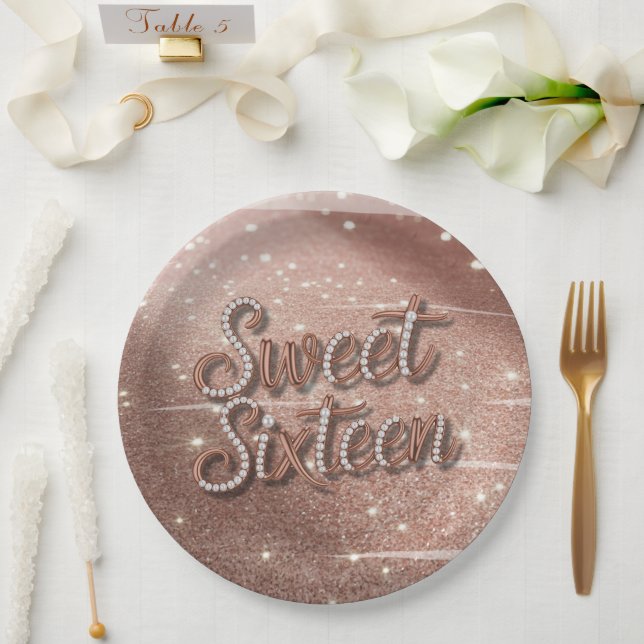 Sweet Sixteen In Rose Gold and Pearls Paper Plate (Wedding)