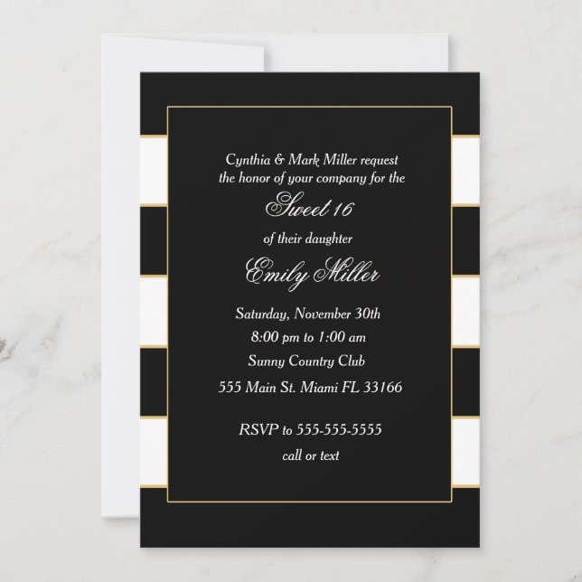 Sweet Sixteen Invitation Black White Striped (Front)
