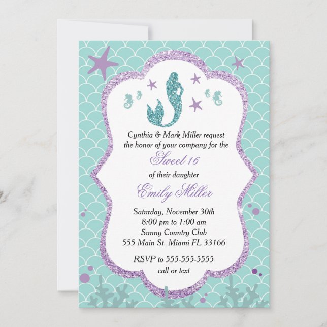 Sweet Sixteen Invitation Mermaid Purple Teal (Front)
