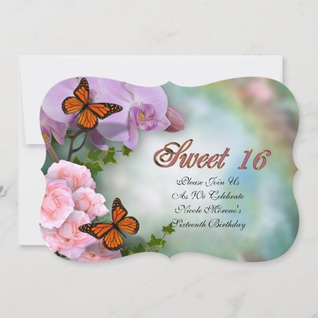 Sweet Sixteen Invitation Orchids and butterflies (Front)