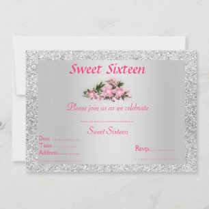 Sweet sixteen invitation silver with pink floral