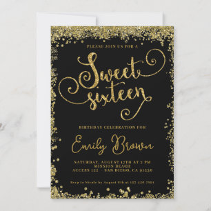 Sweet Sixteen Invite Black and faux gold glitter