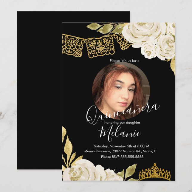 Sweet Sixteen Ivory Glitter Faux Floral Photo  Invitation (Front/Back)