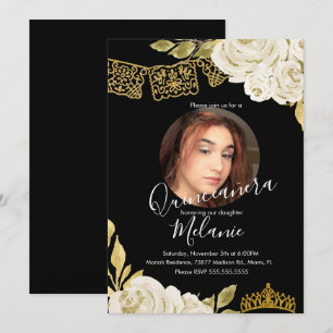 Sweet Sixteen Ivory Glitter Faux Floral Photo  Invitation