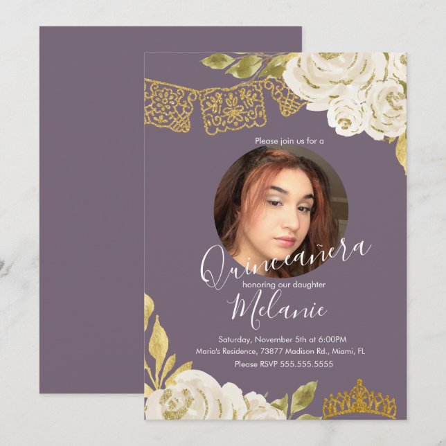 Sweet Sixteen Ivory Glitter Faux Florals Photo  Invitation (Front/Back)