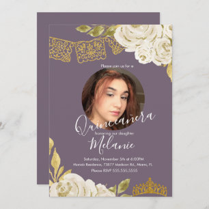 Sweet Sixteen Ivory Glitter Faux Florals Photo  Invitation
