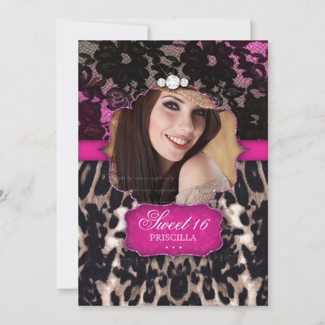 Sweet Sixteen Leopard Lace Invitation Pink Brown (Front)