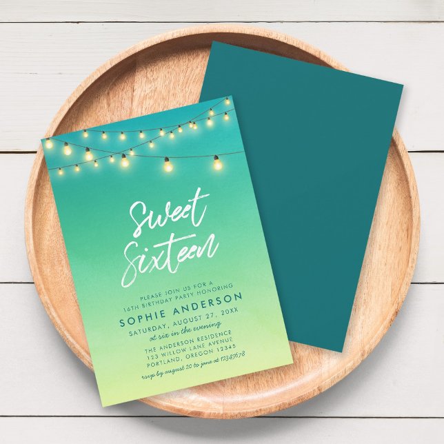 Sweet Sixteen Lights Watercolor Sea Glass Invitation (Creator Uploaded)