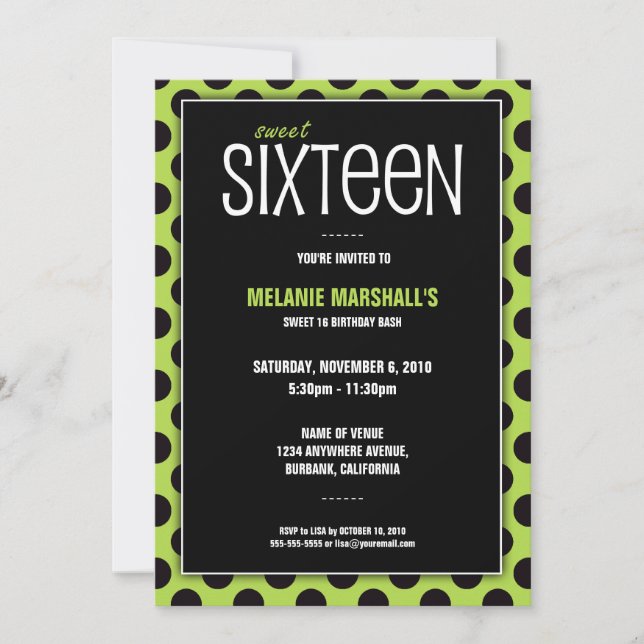 Sweet Sixteen Lime & Black | Party Invitations (Front)