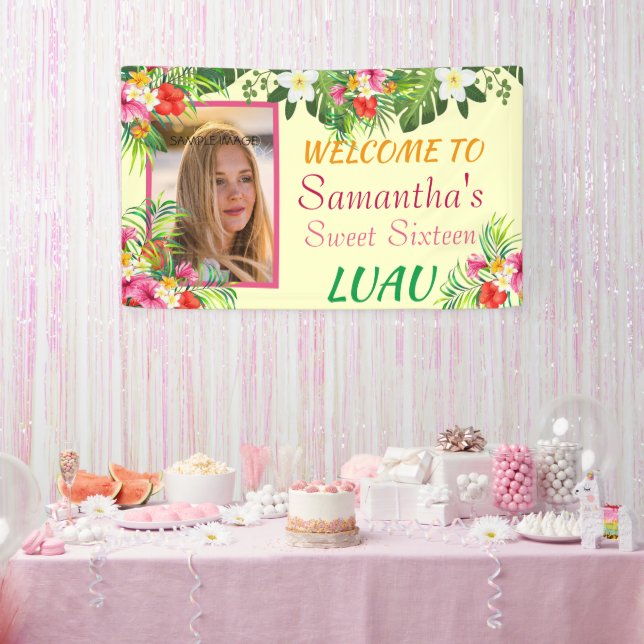 Sweet Sixteen Luau, Red Pink Hibiscus Tropical Banner (Party)