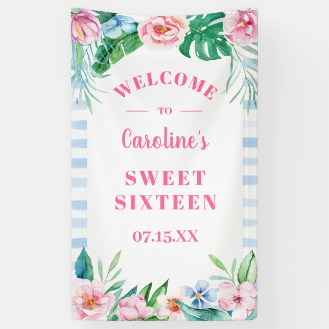 Sweet Sixteen Luau Tropical Floral Beach Hawaiian Banner (Vertical)