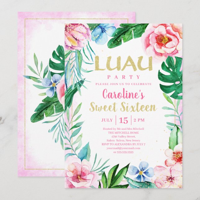 Sweet Sixteen Luau Tropical Floral Pink Hawaiian Invitation (Front/Back)