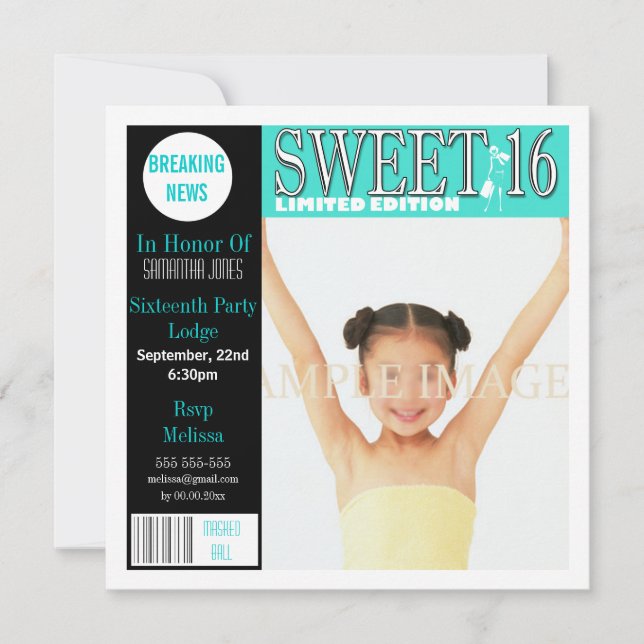 Sweet sixteen magazine aqua PERSONALIZE Invitation (Front)