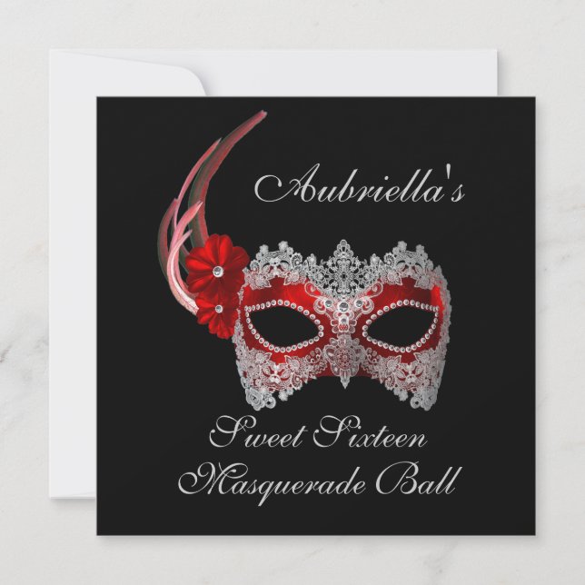 "Sweet Sixteen Masquerade Ball" Red/White Mask w/  Invitation (Front)