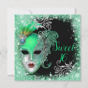 Sweet Sixteen, Masquerade Ball Turquoise Glitter Invitation