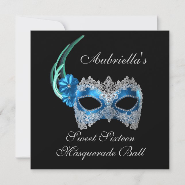 "Sweet Sixteen Masquerade Ball" Turquoise Mask w/  Invitation (Front)