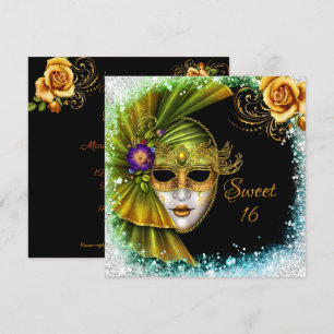 Sweet Sixteen Masquerade Mardi Gras Gold Green Invitation